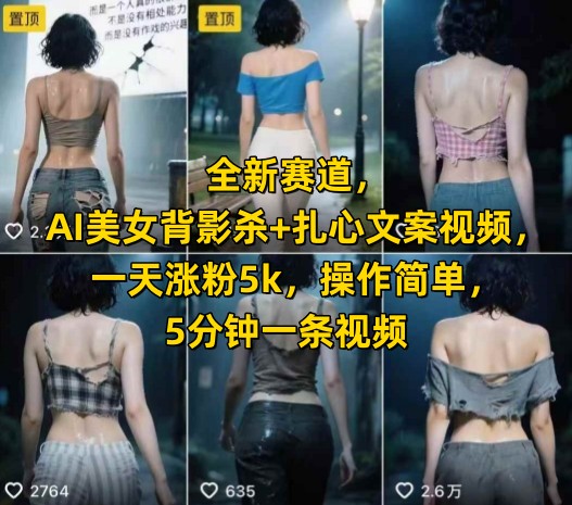 全新赛道，AI美女背影杀+扎心文案视频，一天涨粉5k，操作简单，5分钟一条视频-小艾网创