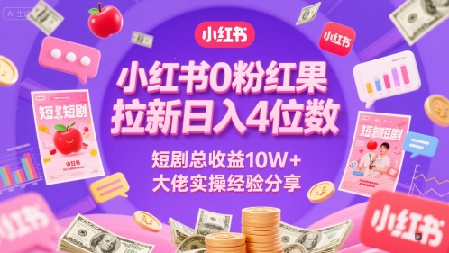 小红书0粉红果短剧拉新日入4位，数短剧总收益10W+大佬实操经验分享-小艾网创
