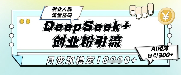 DeepSeek+创业粉精准引流，全新分享课4.0玩法，AI矩阵日引300+，多种变现方式，稳定月入1W-小艾网创