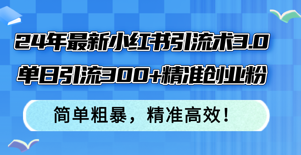 24年最新小红书引流术3.0，单日引流300+精准创业粉，简单粗暴，精准高效！-小艾网创