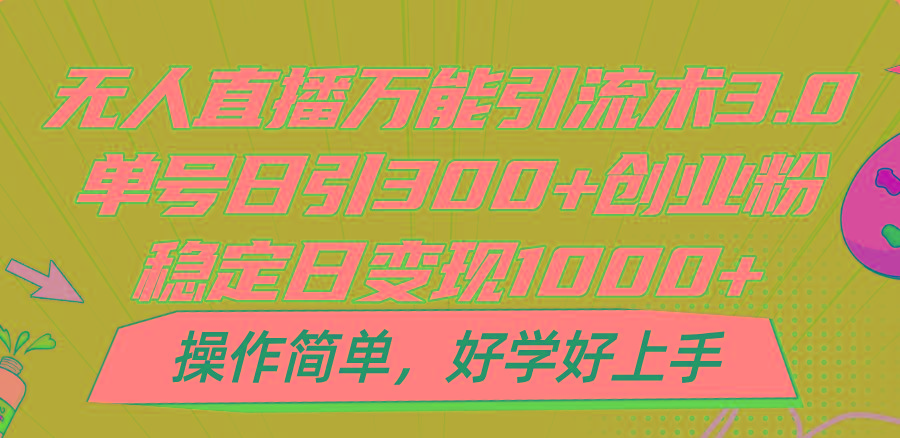 无人直播万能引流术3.0，单号日引300+创业粉，稳定日变现1000+，操作简单-小艾网创