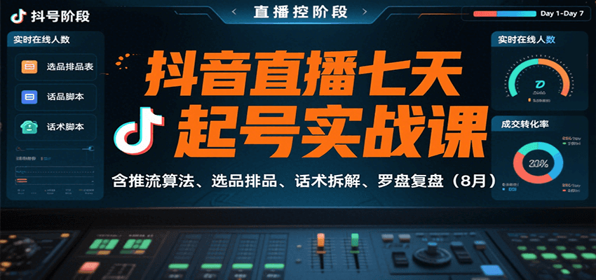 抖音直播七天起号实战课：含推流算法、选品排品、话术拆解、罗盘复盘(8月)-小艾网创