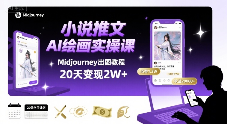 小说推文干货分享之AI绘画MJ出图实操课，用Midjourney做小说推文，20天挣2w-小艾网创