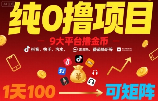 纯0撸项目，9大平台撸金币，抖音，快手，汽水，番茄畅听等，1天100，可矩阵-小艾网创