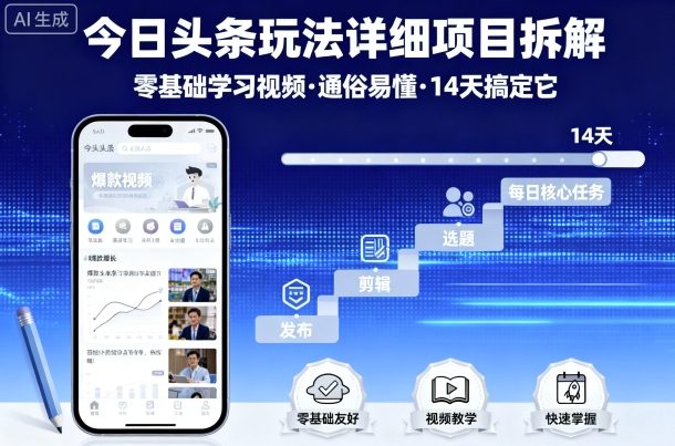 今日头条玩法详细项目拆解，零基础学习视频 通俗易懂 14天搞定它-小艾网创