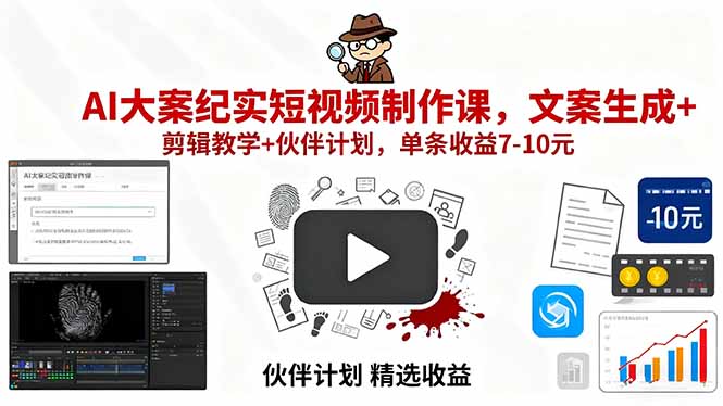 AI大案纪实短视频制作课，文案生成+剪辑教学+伙伴计划，单条收益7-10元-小艾网创