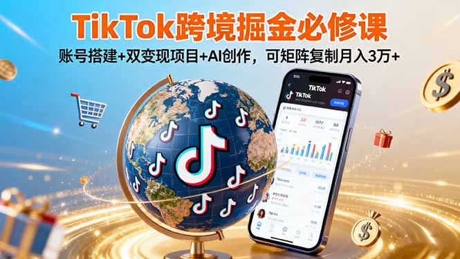 TikTo跨境掘金必修课，账号搭建+双变现项目+AI创作，可矩阵复制月入3万+-小艾网创