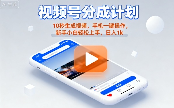 视频号分成计划懒人玩法，10秒生成视频，手机一键操作，新手小白轻松上手，日入1K【揭秘】-小艾网创