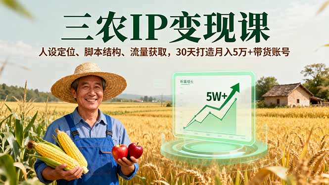 三农IP变现课，人设定位、脚本结构、流量获取，30天打造月入5万+带货账号-小艾网创