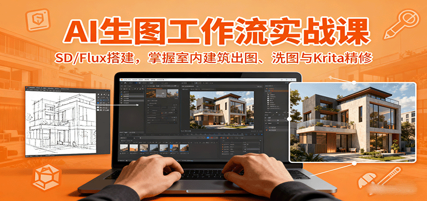 AI生图工作流实战课：SD/Flux搭建，掌握室内建筑出图、洗图与Krita精修-小艾网创