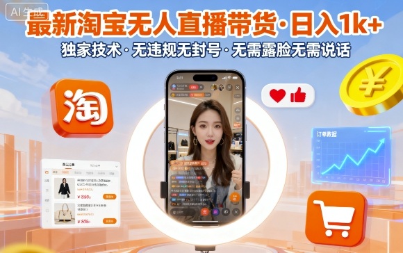 最新淘宝无人直播带货，日入1k+，独家技术，无违规无封号，无需露脸无需说话【揭秘】-小艾网创