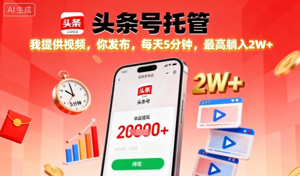【头条号托管】我提供视频，你发布，每天5分钟，最高躺入2W+【揭秘】-小艾网创