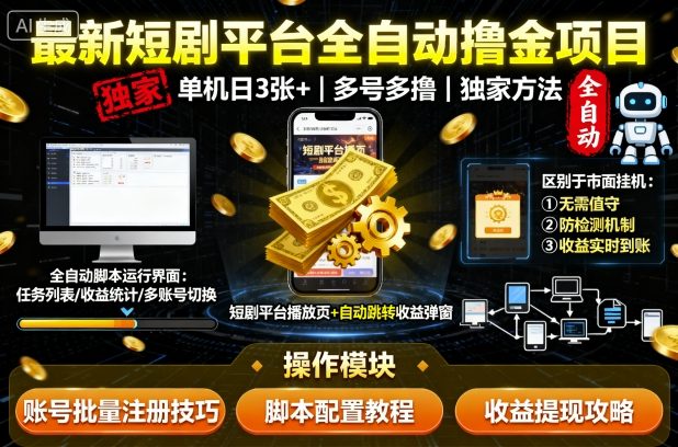 最新短剧平台全自动挂G撸金项目，单机一天3张+，多号多撸，区别于市面所有挂机项目，独家方法【揭秘】-小艾网创