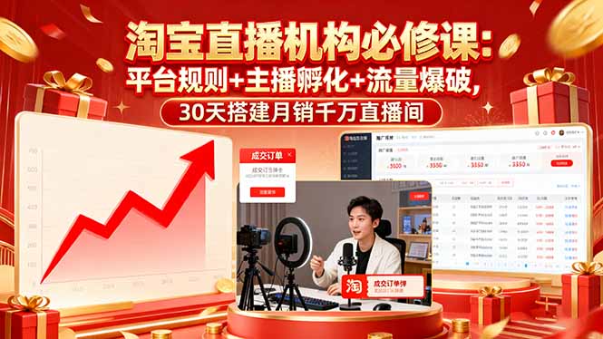 淘宝直播机构必修课：平台规则/主播孵化/流量爆破,30天搭建月销千万直播间-小艾网创