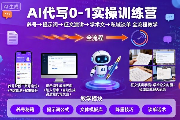 AI代写0-1实操训练营，从养号、提示词、征文演讲、学术文，到私域谈单的全流程教学-小艾网创