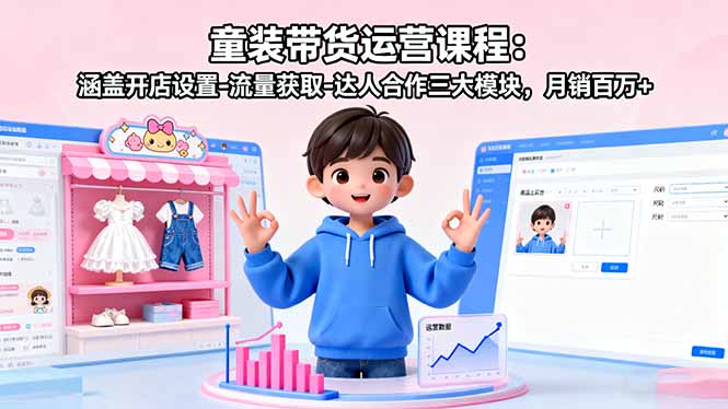 童装带货运营课程：涵盖开店设置-流量获取-达人合作三大模块，月销百万+-小艾网创