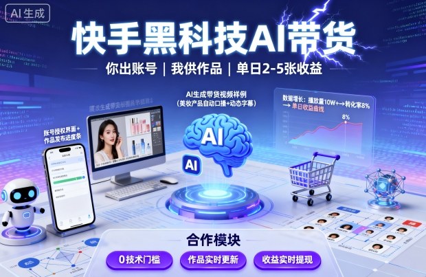 快手黑科技AI带货，你提供账号，我提供作品并发布，单日2-5张【揭秘】-小艾网创