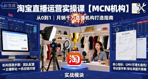 淘宝直播运营实操课【MCN机构】，从0到1做一家月销千W的直播机构-小艾网创