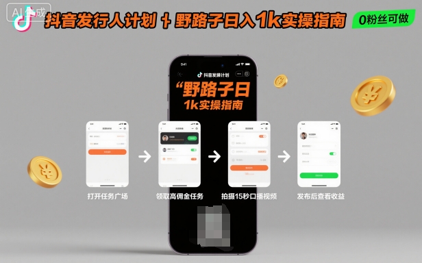 抖音发行人计划全新野路子玩法，随时随地，只要有手机，就能操作，日入1k+【揭秘】-小艾网创