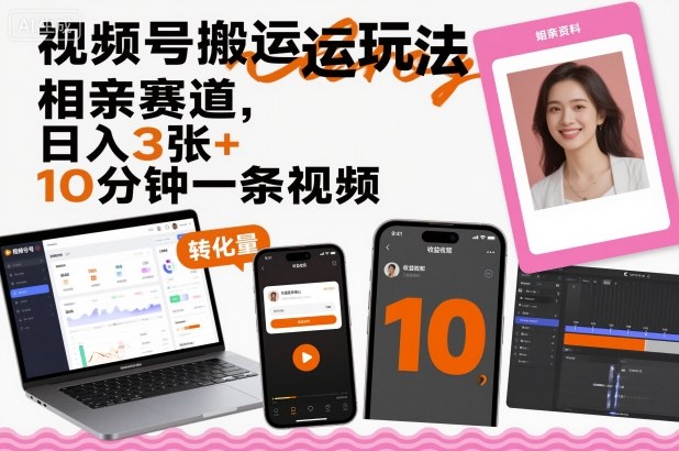 视频号搬运玩法，相亲赛道，日入3张+，10分钟一条视频-小艾网创