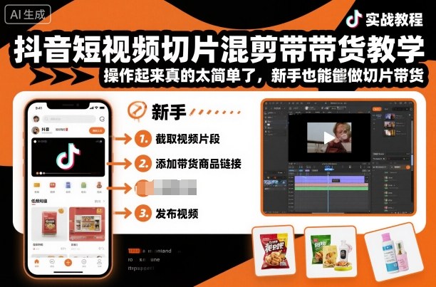抖音短视频切片混剪带货教学，操作起来真的太简单了，新手也能做切片带货-小艾网创