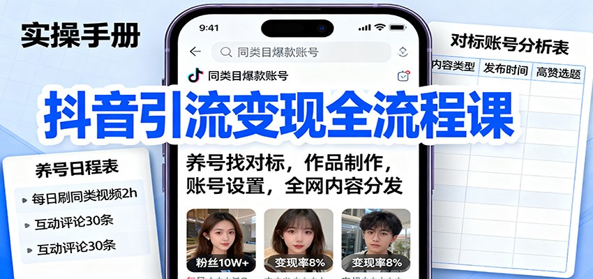 抖音引流变现全流程课：养号找对标，作品制作，账号设置，全网内容分发-小艾网创