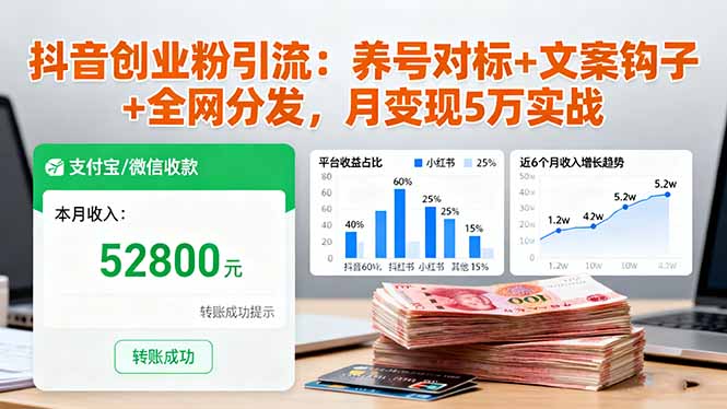 抖音创业粉引流：养号对标+文案钩子+全网分发，月变现5万实战-小艾网创