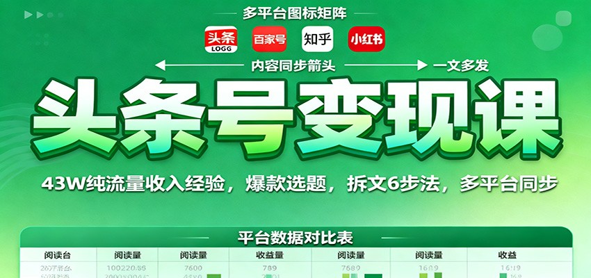 头条号变现课：43W纯流量收入经验，爆款选题，拆文6步法，多平台同步-小艾网创