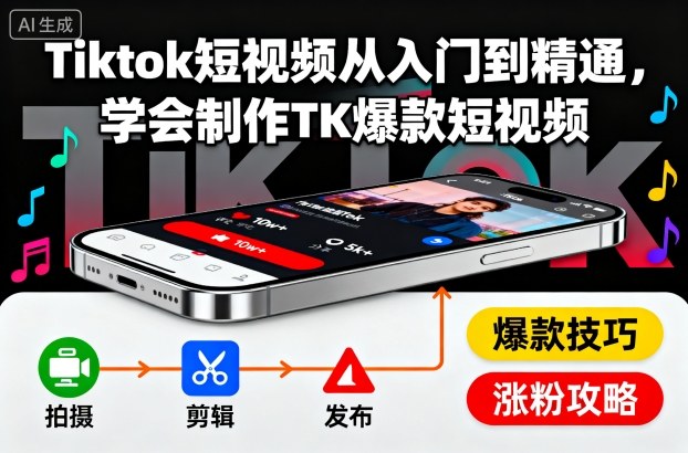 Tiktok短视频从入门到精通，学会制作TK爆款短视频-小艾网创