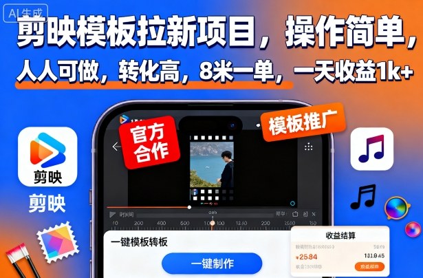 剪映模板拉新项目，操作简单，人人可做，转化高，8米一单，一天收益1k+-小艾网创