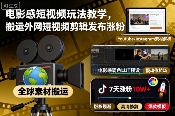 电影感短视频玩法教学,搬运外网短视频剪辑发布涨粉-小艾网创