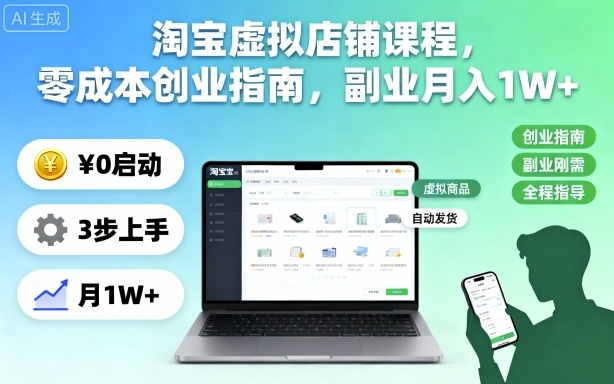 淘宝虚拟店铺课程,零成本创业指南,副业月入1W+-小艾网创