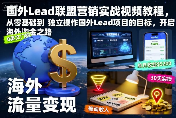 国外Lead联盟营销实战视频教程,从零基础到独立操作国外Lead项目的目标,开启海外淘金之路-小艾网创