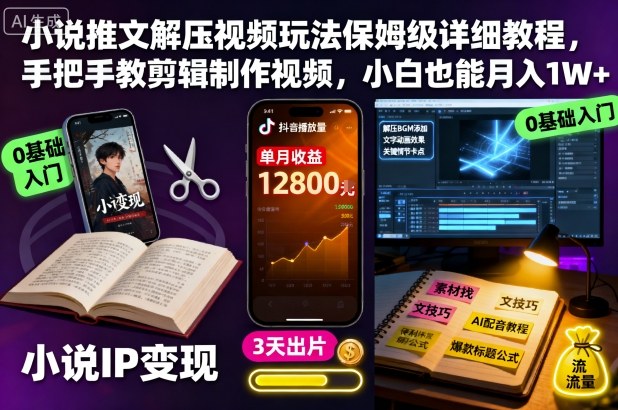 小说推文解压视频玩法保姆级详细教程,手把手教剪辑制作视频,小白也能月入1W+-小艾网创