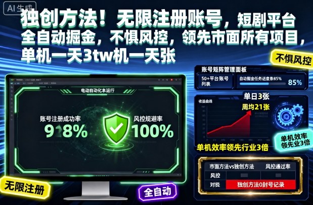 独创方法!无限注册账号,短剧平台全自动掘金,不惧风控,领先市面所有项目,单机一天3张【揭秘】-小艾网创