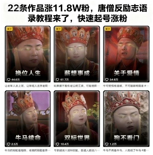 22条作品涨11.8W粉,唐僧反励志语录教程来了,快速起号涨粉-小艾网创