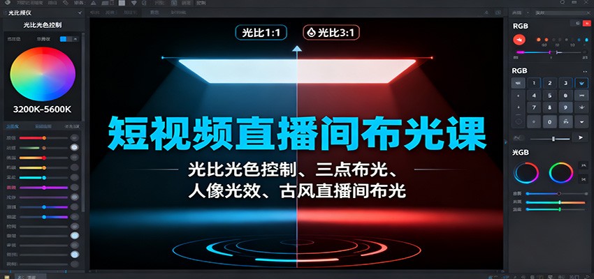 短视频直播间布光课:光比光色控制、三点布光、人像光效、古风直播间布光-小艾网创