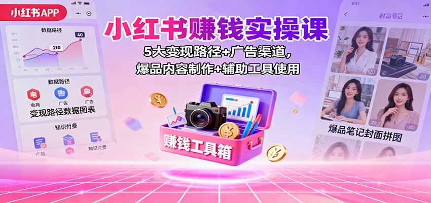 小红书赚钱实操课：5大变现路径+广告渠道，爆品内容制作+辅助工具使用-小艾网创