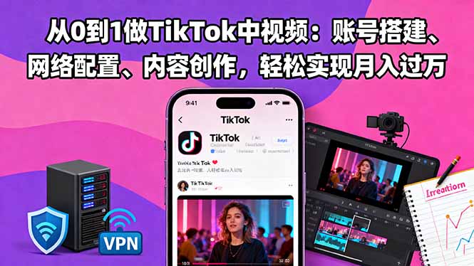 从0到1做TikTok中视频：账号搭建、网络配置、内容创作，轻松实现月入过万-小艾网创