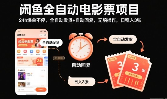 闲鱼全自动电影票项目，24h爆单不停，全自动发货+自动回复，无脑操作，日稳入3张【揭秘】-小艾网创