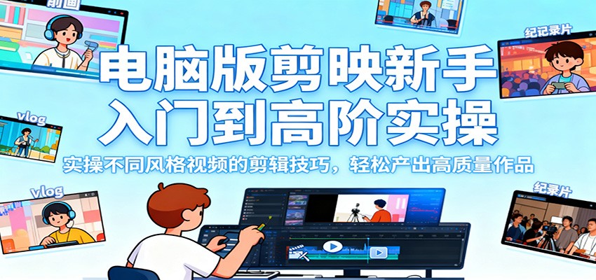电脑版剪映新手入门到高阶实操,实操不同风格视频的剪辑技巧,轻松产出高质量作品-小艾网创