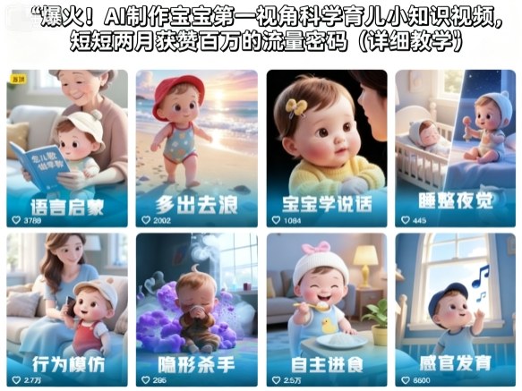 爆火!AI制作宝宝第一视角科学育儿小知识视频,短短两月获赞百万的流量密码(详细教学)-小艾网创