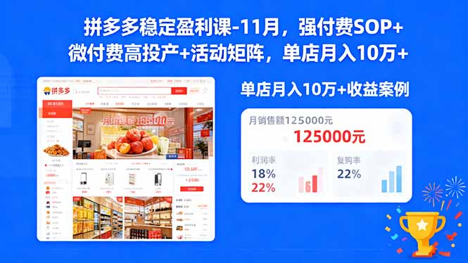 拼多多稳定盈利课-11月,强付费SOP+微付费高投产+活动矩阵,单店月入10w+-小艾网创