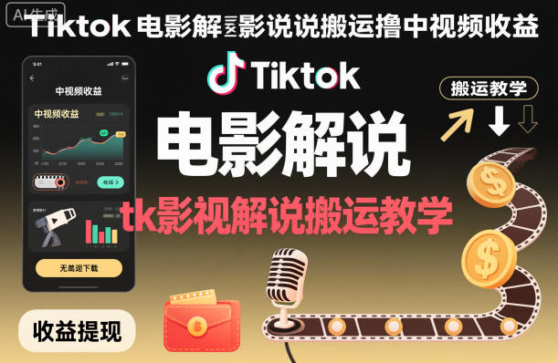 Tiktok电影解说搬运撸中视频收益，tk影视解说搬运教学-小艾网创