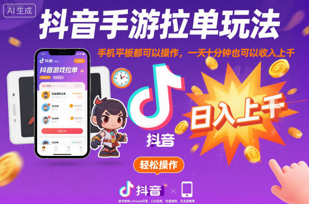 抖音手游拉单玩法，手机平板都可以操作，一天十分钟也可以收入上K【揭秘】-小艾网创