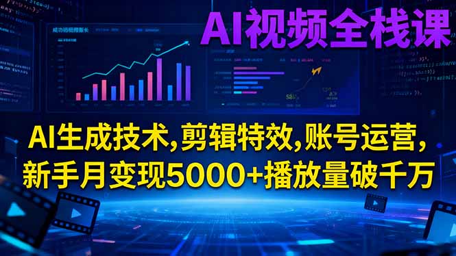 AI视频全栈课:AI生成技术,剪辑特效,账号运营,新手月变现5000+播放量破千万-小艾网创