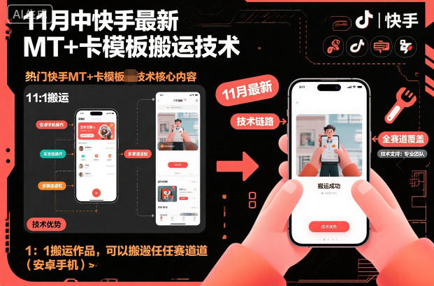 11月中快手最新MT+卡模板搬运技术,1:1搬运作品,可以搬运任何赛道(安卓手机)-小艾网创