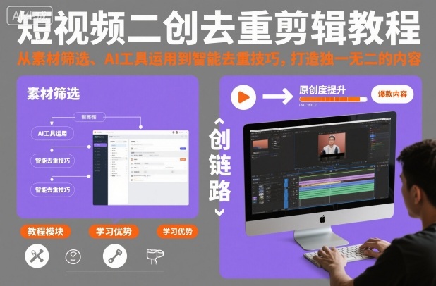 短视频二创去重剪辑教程，从素材筛选、AI工具运用到智能去重技巧，打造独一无二的内容-小艾网创