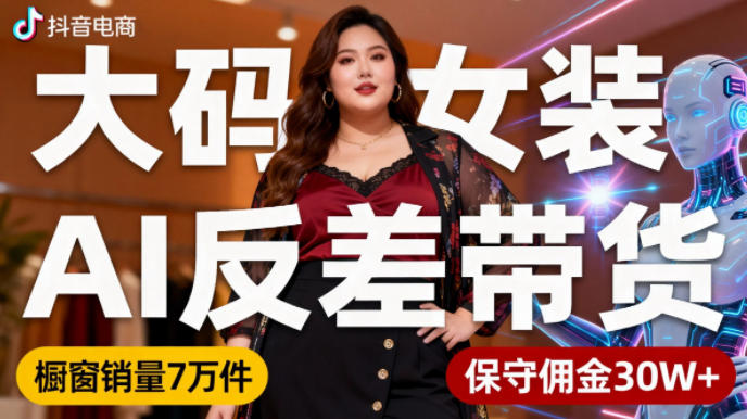 抖音小众赛道，大码女装AI反差带货，不用直播，每天6条作品，橱窗卖7万件，保守佣金30W+-小艾网创