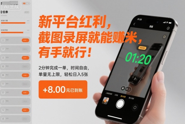 新平台红利,截图录屏就能賺米,有手就行!2分钟完成一单,时间自由,单量无上限,轻松日入5张【揭秘】-小艾网创